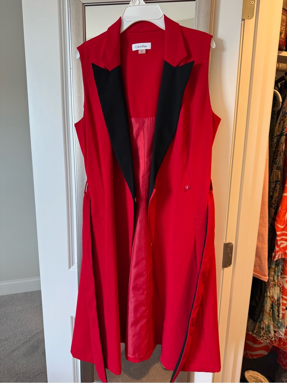 Calvin Klein Red Sleeveless Long Vest with Black Lapel Accents
